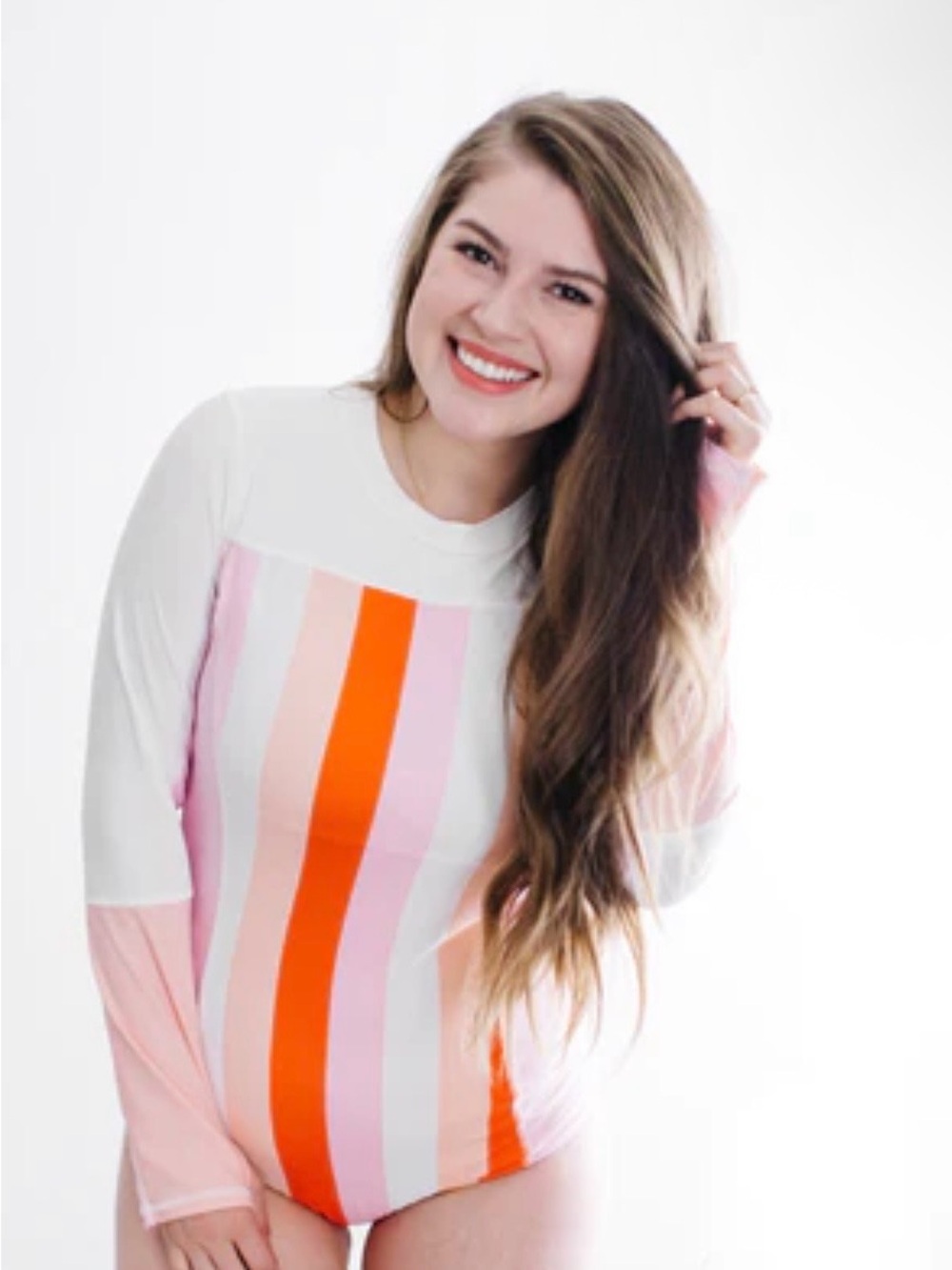 Striped Long-Sleeve One-Piece Swimsuit in White, Pink & Orange